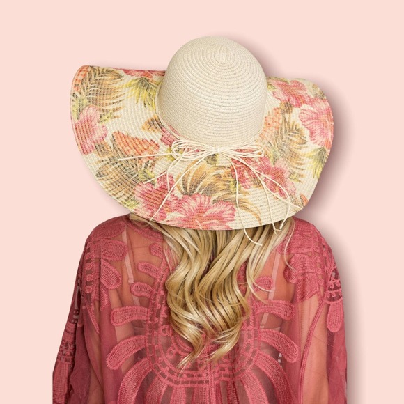 Unique Cottagecore Floral Beige Floppy Sun Hat Tropical - Picture 2 of 8